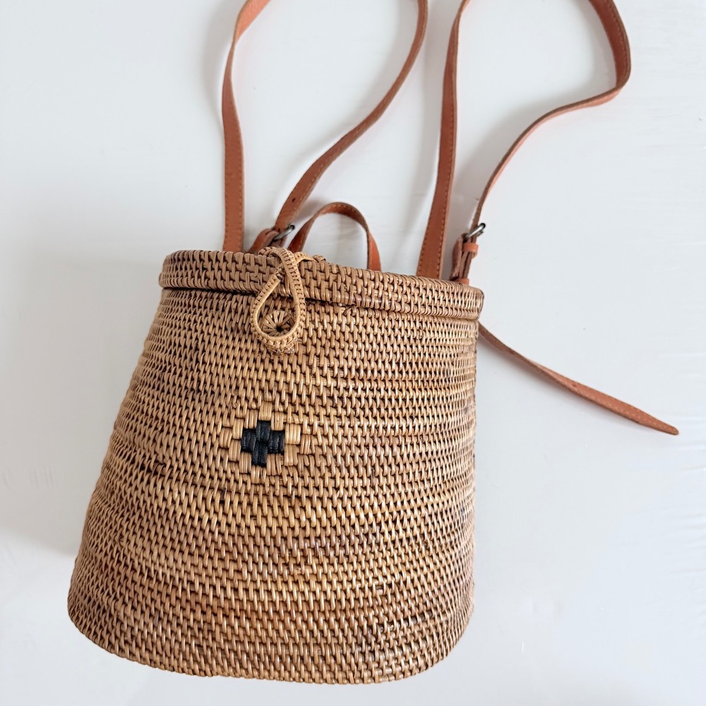 Woven Wicker Leather Strap Mini Backpack